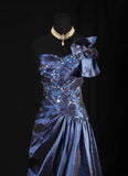 Retro Vintage 1960s Formal A line One Shoulder Fashion Navy Blue Satin With Beads Sleeveless Long Prom Dresses Party Formal Gowns HZ0311