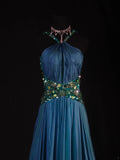 Retro Vintage 1960s Formal A line Halter Blue Fashion With Beads Long Prom Dresses Party Formal Gowns HZ0311