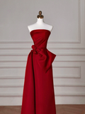 Simple A Line Strapless Red Satin Long Formal Prom Dresses Dance Night Outfits Evening Birthday Outfit HZ0311