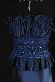 Retro 70s 1960s Formal A Line Strapless Navy Blue With Gem Beads Jacket Sleeveless Long Prom Dresses Party Formal Gowns HZ0311