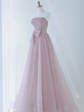 Simple A Line Strapless Pink Tulle Long Formal Prom Dresses Dance Night Outfits Evening Birthday Outfit HZ0311