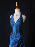 Vintage Ball Gown Halter Navy Blue Taffeta With Beaded Tiered Bodice Long Prom Dresses Impress 18th Birthday Outfits Prom Gown HZ0311