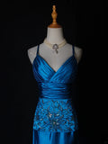 Vintage A Line Spaghetti Straps Blue Satin Sequins With Beaded Bodice Long Prom Dresses Impress 18th Birthday Outfits Prom Gown HZ0311