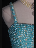 Vintage A line 90s Spaghetti Straps Blue Tulle With Pearls Beads Long Prom Dresses Inspo 20th Birthday Outfit Formal Gowns HZ0311
