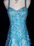 Vintage 70s Mermaid Spaghetti Straps Blue Silver Beaded Bodice Tulle Plus Size Long Prom Dresses Impress 21th Birthday Outfits Prom Gown HZ0311