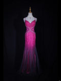 Vintage 2000s Mermaid Spaghetti Straps Hot Pink Tulle Beaded Bodice Plus Size Long Prom Dresses Impress 21th Birthday Outfits Prom Gown HZ0311
