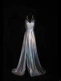 Vintage 2000s A Line Spaghetti Straps Silver Gray Backless Plus Size With Slit Long Prom Dresses Impress 21th Birthday Outfits Prom Gown HZ0311
