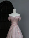 Modest Prom Dresses Aesthetic A Line Off The Shoulder Pink Tulle Inspiration Style Impress With Sleeves Long Party Formal Gown HZ0311