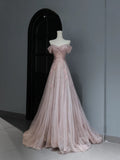 Modest Prom Dresses Aesthetic A Line Off The Shoulder Pink Tulle Inspiration Style Impress With Sleeves Long Party Formal Gown HZ0311