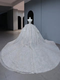 Sparkly Long Wedding Dress Ball Gown Strapless Style for Bride With Sequin Beaded Bodice Train Bridal Dresses HZ0311