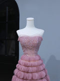 Cute Prom Dresses Aesthetic Ball Gown Strapless Pink Long Inspiration Style Impress Corset Fitted Long Party Formal Gown HZ0311