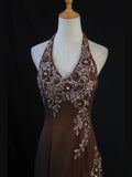 Vintage Mermaid 80s Halter Brown Chiffon Beads Long Prom Dresses Inspo Birthday Outfit Formal Gowns HZ0311