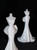Modest Long Wedding Dresses Mermaid Strapless Satin Style for Bride With Bow-knot Bodice Train Bridal Dresses HZ0311