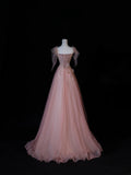 Modest Prom Dresses Aesthetic A Line Spaghetti Straps Pink Tulle Inspiration Impress Long Party Formal Gown For Teenagers High Schools HZ0311