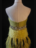 Vintage A Line Strapless Olive Green Tulle With Beads Feathers Short 16th Birthday Dress Homecoming Dresses Cocktail Gown HZ0311