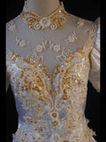 Women's Elegant High Neck Vintage With Sleeves Satin Wedding Dress for Bride Sweep Train Wedding Dresses HZ0311