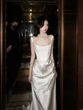 Simple Long Wedding Dresses White Mermaid Satin Pleats Wedding Dress Silky Satin Style For Brides Fitted Bridal Gowns HZ0311