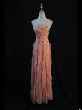 Retro 1950s A Line Strapless Pink Chiffon With Beads Long Prom Dresses Inspo 22th Birthday Outfit Formal Dress HZ0311