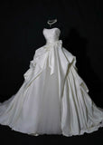 Princess Long Wedding Gowns Ball Gown Strapless Sleeveless Satin for Bride With Pleated Bow-knot Train White Bridal Dress HZ0311