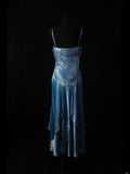 Vintage A Line Spaghetti Straps Blue Satin 70s With Beads Prom Max Dresses Inspo 18th Birthday Outfit Formal Dress For Women HZ0311