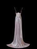 Chic Formal Mermaid Spaghetti Strap Pink Satin With Slit Cape Style Impress Long Prom Dresses Party Gowns HZ0311
