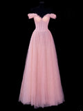 Elegant A line Off The Shoulder Pink Tulle Long Formal Fancy Evening Dresses Dinner Outfits Classy Party Gowns HZ0311