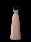 Elegant A line Spaghetti Straps Champagne Tulle Long Formal Fancy Evening Dresses Dinner Outfits Classy Party Gowns HZ0311