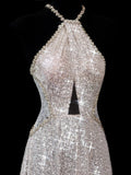 Chic A line Halter Champagne Sequin Long Prom Formal Fancy Evening Dresses Dinner Outfits Classy Party Gowns HZ0311