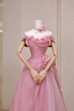 Pretty Ball Gown Strapless Pink Floor Length Tulle Flowers Prom Dresses Formal Dress Birthday Outfits Prom Gown HZ0311