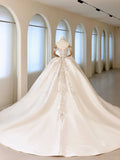 Luxury Women's Ball Gown Off The Shoulder With Beaded Appliqued White Satin Sweep Train Wedding Dresses HZ0311