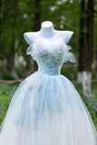 Shinning Ball Gown Strapless Light Sky Blue Tulle Long Prom Dresses Impress 19th Birthday Outfits Prom Gown HZ0311
