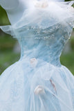 Shinning Ball Gown Strapless Light Sky Blue Tulle Long Prom Dresses Impress 19th Birthday Outfits Prom Gown HZ0311