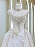 Princess Women's Ball Gown Strapless White With Silver Beads Satin Floor Length Wedding Dresses HZ0311