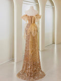 Classy Mermaid Off The Shoulder Gold Sequin Prom Dresses Long Party Dress Evening Outfits Graduation Dress HZ0311