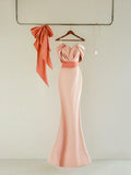 Simple Mermaid Sweetheart Blush Pink Satin Short Sleeves Prom Dresses Long Prom Gowns HZ0311