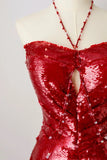 Sexy Mermaid Halter Red Sequin Prom Dresses Long Party Dress 21st Birthday Outfits Formal Dress HZ0311