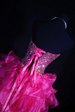 Chic Ball Gown Sweetheart Hot Pink Tulle Beads Short 18th Birthday Dress Homecoming Dresses Cocktail Gown HZ0311