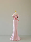 Simple Mermaid Sweetheart Blush Pink Satin Short Sleeves Prom Dresses Long Prom Gowns HZ0311