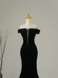 Simple Mermaid Off The Shoulder Black Velvet Cap Sleeves Prom Dresses Long Prom Gowns HZ0311