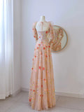 Cute A line Strapless With Long Sleeves Lace Floral Long Prom Dresses Formal Party Dress Prom Gown HZ0311