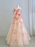 Cute A line Off The Shoulder Pink With Short Sleeves Lace Floral Long Prom Dresses Formal Party Dress Prom Gown HZ0311