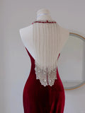 Simple Mermaid Scoop Neck Wine Red Velvet Backless Long Prom Dresses Formal Party Dress Prom Gown HZ0311