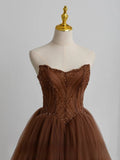 Modest Ball Gown Sweetheart Tulle Brown Prom Dresses Long Sweet 16 Birthday Party Dress Evening Dresses HZ0311