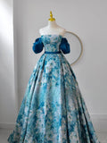 Modest Ball Gown Strapless Floral Blue Satin Prom Dresses Long Sweet 16 Birthday Party Dress Evening Dresses HZ0311