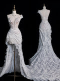 Romantic Long Wedding Dresses White High Low One Shoulder Lace Wedding Dress Style For Brides Fitted Bridal Gowns HZ0311