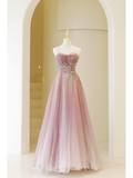 Charming Ball Gown Strapless Pink Tulle Long Prom Dresses Impress 20th Birthday Outfits Prom Gown HZ0311