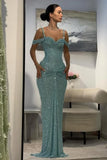 Blue Sequins Party Dress Off the Shoulder Sleeveless Prom Dress Evening Dress HZ0311