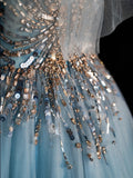 Sparkly Ball Gown V Neckline Blue Tulle Beaded Bodice Long Prom Dress Evening Outfits Formal Dress HZ0311