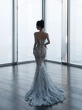 Sparkly Mermaid Wedding Dresses Off The Shoulder Sequins Silver Gray Long Brides Dress Fitted Bridal Gown HZ0311