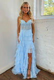 A line Sweetheart Pale Yellow Chiffon Flowy Ruffle Long Formal Gowns Prom Dresses Evening Dress HZ0311
